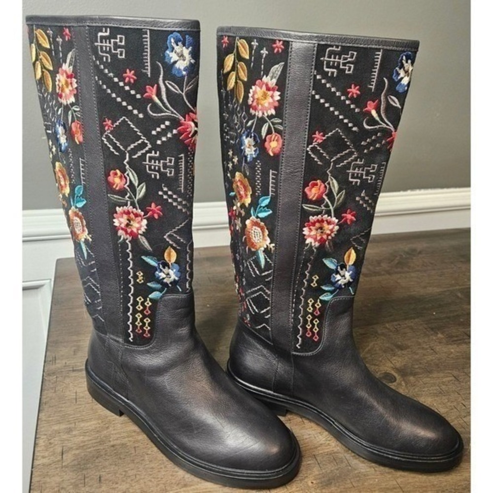 Johnny Was Embroidered Knee High Tall Riding Boots Pull On Boho Black Size 6 New - Picture 2 of 11